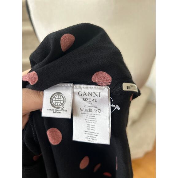 GANNI Black & Red Polka Dot Ruched Long Sleeve Mini Dress - Picture 5 of 8